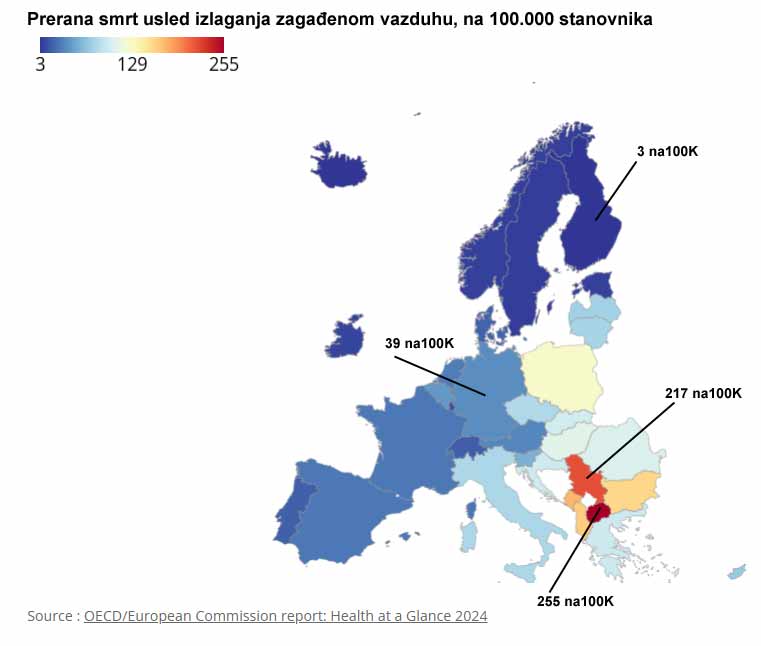 Mapa prikazuje stope smrtnosti povezane sa zagađenjem vazduha po zemljama.